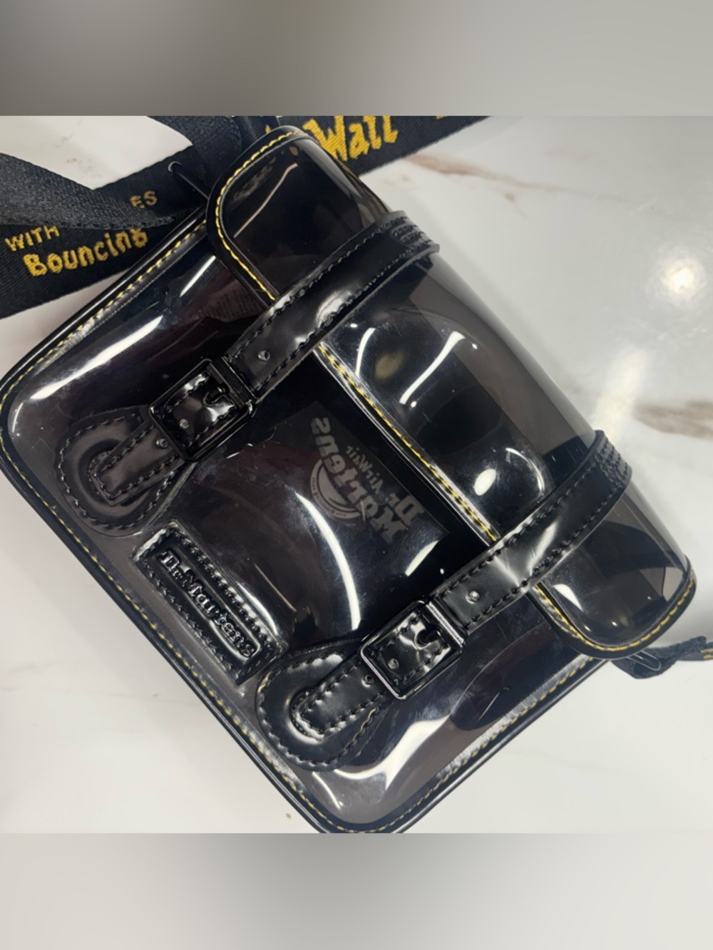 Dr. Martens Black Clear PVC Buckle Messenger Bag with Yellow Stitching
